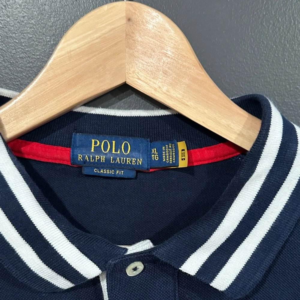 Polo by Ralph Lauren Navy Polo with Green Sleeve Panels and White Trim